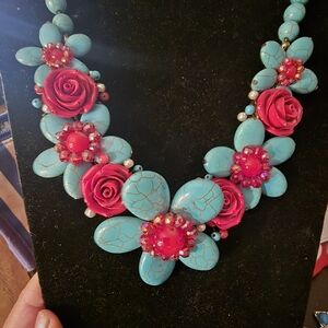 Turquoise and Red Floral Necklace